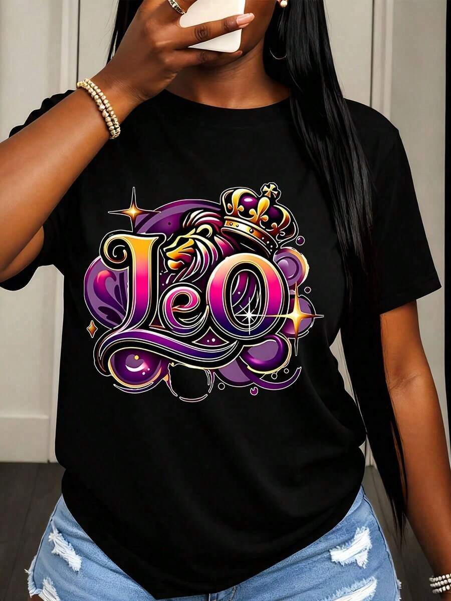 Camiseta de Mujer con Diseño Gráfico del Signo Zodiacal Leo y Corona, Ropa Casual para Uso Diario, Top de Moda, Opción de Atuendo de Verano - Negro - Ver 1