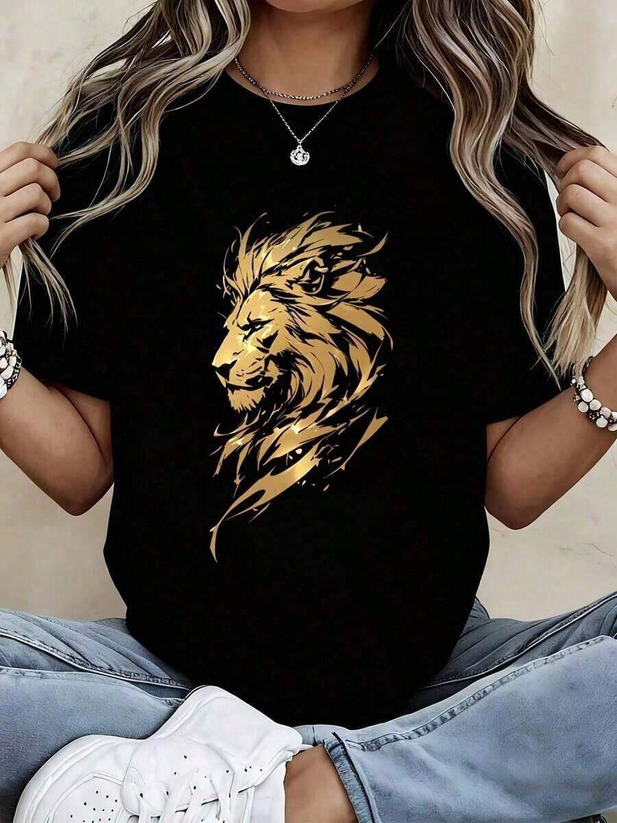 Playeras de mujer algodón, camiseta casual de corte holgado con cuello redondo y manga corta, estampado de león dorado, camiseta gráfica para uso diario y salidas - Estilo vintage urbano, camiseta unisex de algodón holgada de manga corta y cuello redondo, elegante y con estilo, camiseta de talla grande >ropa - Negro - Ver 1