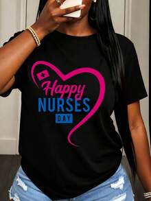 Women's T-Shirt With Heart Design For Nurses Day, For Casual Spring And Summer Wear - 黑色 - 查看 6