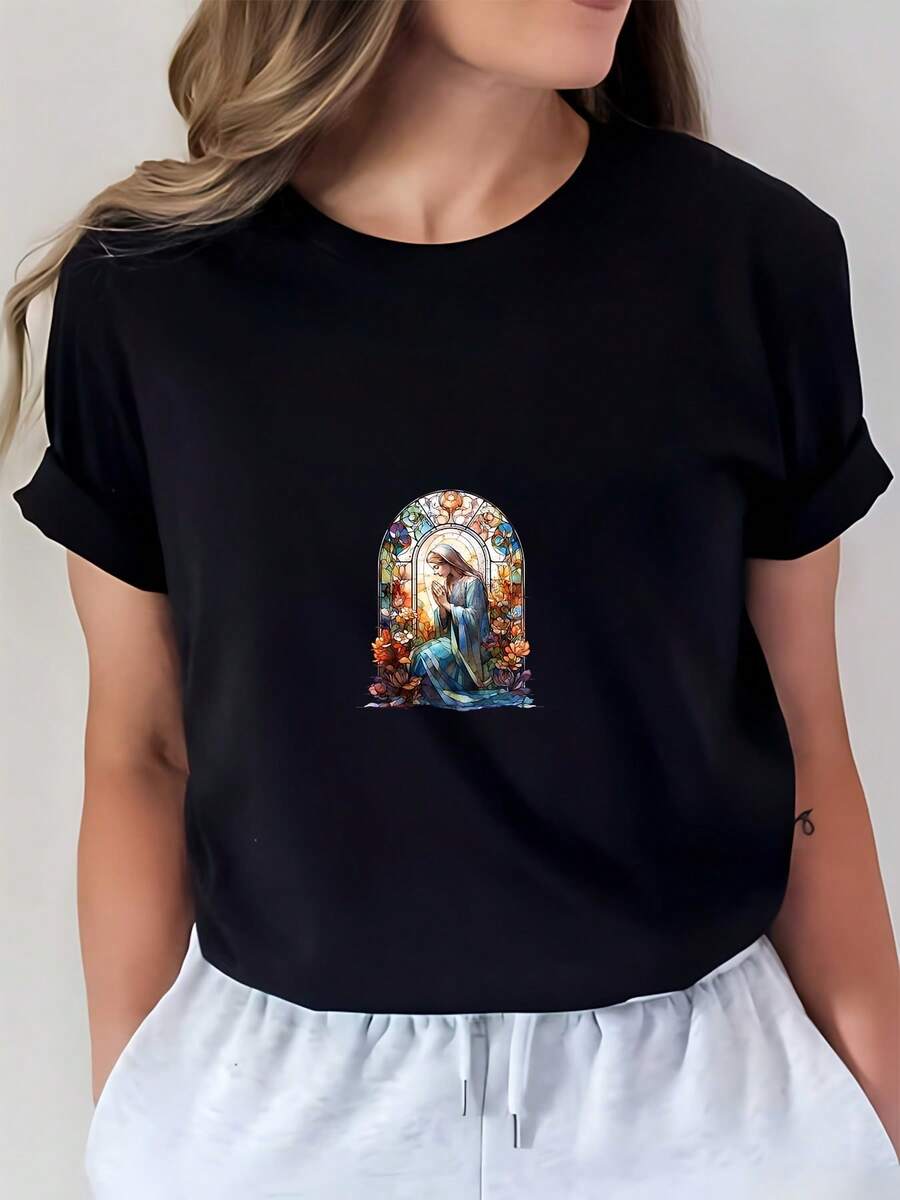 Camiseta de Regalo con Diseño de Vidrio Tintado de Pascua | Camiseta de manga corta para mujer, 180G, suave | Muy adecuado para reuniones familiares y actividades de team building corpor - Negro - Ver 1