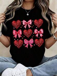 1 pieza Camiseta Blanca para Mujer con Estampado de Corazón Brillante y Lazo, Top Casual de Moda, 180g Algodón 100% - Negro - Ver 9