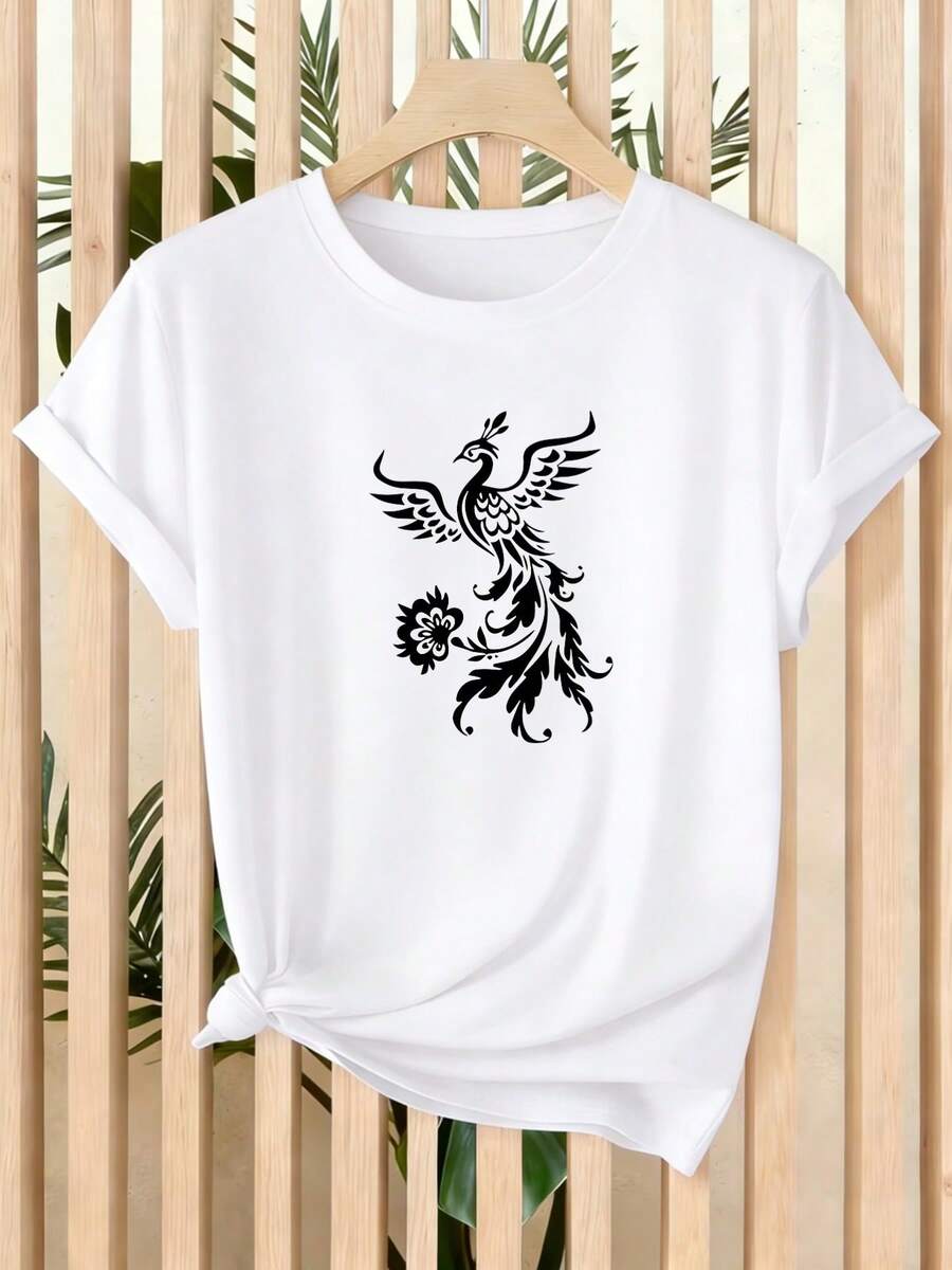 ¡Oferta por tiempo limitado, unidades limitadas, relámpago! Camisas casuales para mujer, camisetas de poliéster para mujer, camisas elegantes.Nueva camiseta de verano de manga corta para mujer con estampado de fénix y flores, elegante, con estilo y versátil - Blanco - Ver 1