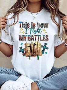 1 Piece: Women's "This Is How I Fight My Battles" T-Shirt With Biblical Cross And Sword, Religious Design T-Shirt Inspired By Faith, With Bible And Cross Design For Church Worship And Daily Use, 220g180g 100% Cotton. - 白色 - 查看 7