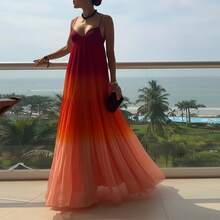 Women's Ombre Chiffon Maxi Dress - Spaghetti Strap V-Neck Tiered Pleated Flowy Summer Vacation Dress - 紅色 - 查看 6
