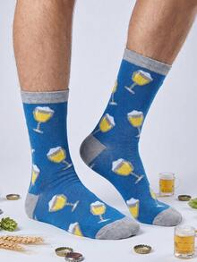 1 Pair Grey-Blue Splice Men's Mid-Calf Socks With Fashionable Beer Print, Soft & Comfortable - Multicolor - View 2