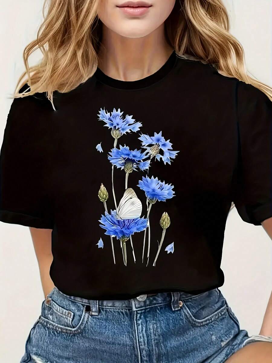 Camiseta de mujer - Estampado floral, diseño de mariposa blanca y margarita azul, cuello redondo, top ligero de verano, camisa de manga corta. - Negro - Ver 1