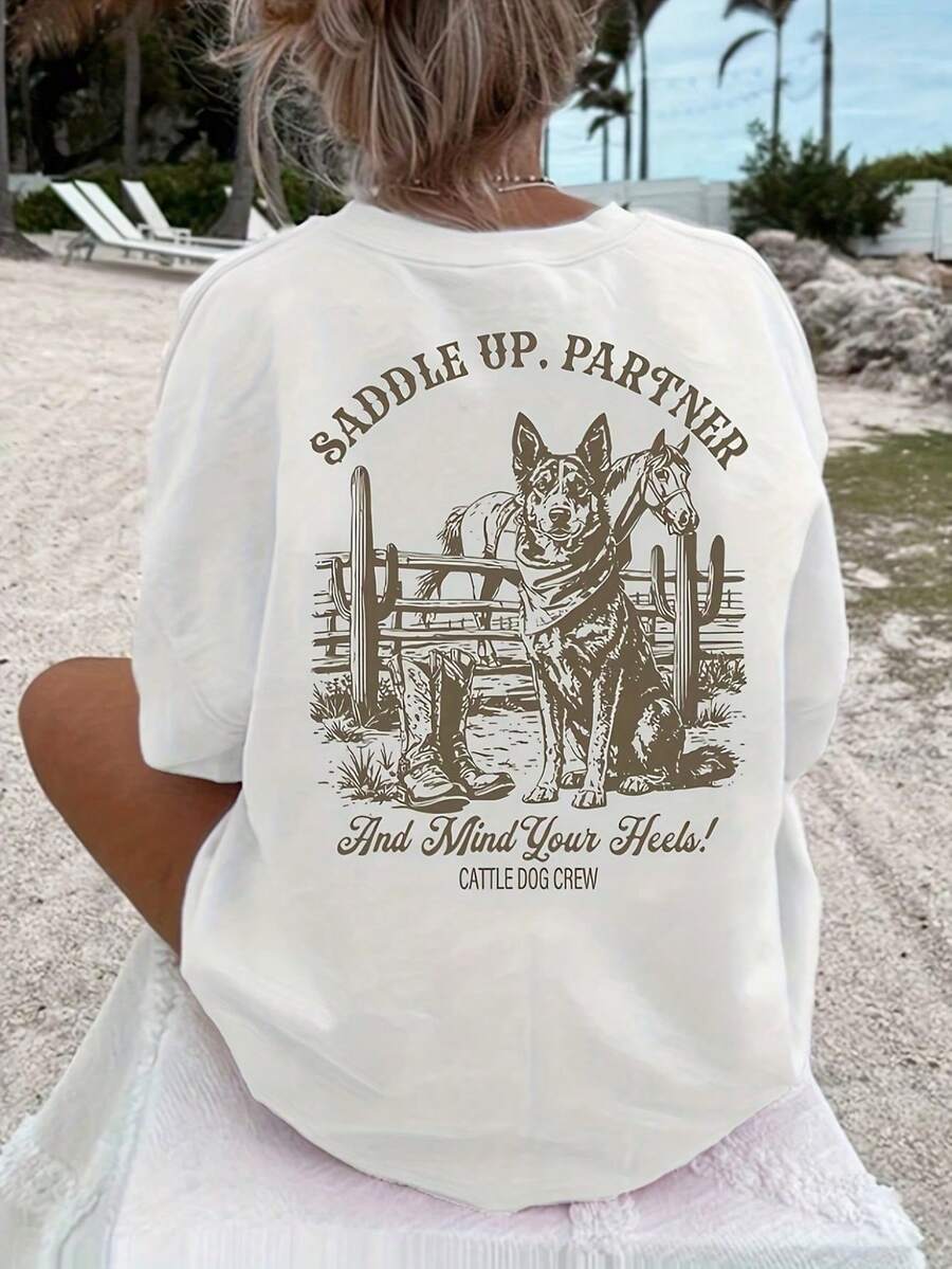 Camiseta casual de manga corta y cuello redondo con estampado gráfico, perfecta para verano y primavera, diseñada para mujer - Blanco - Ver 1