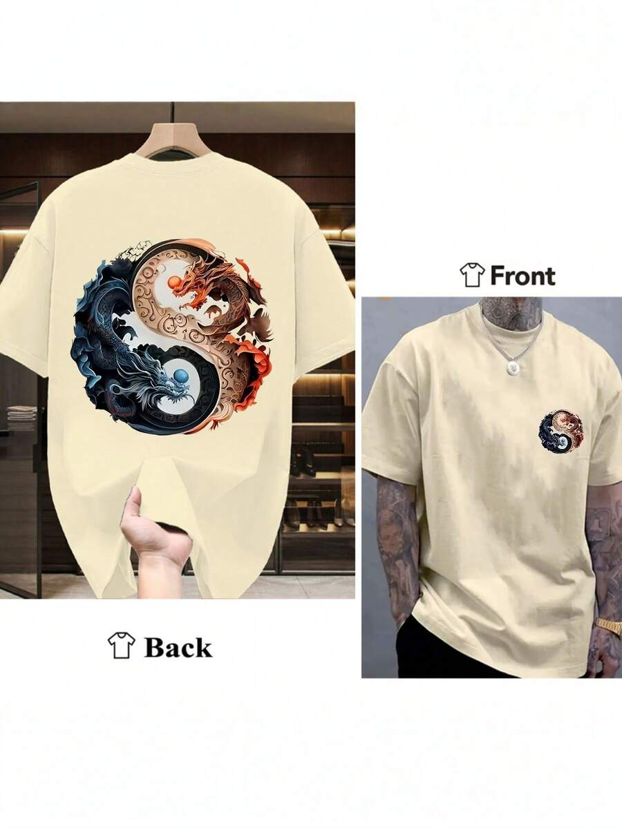 1pc Men's T-shirt 100% Cotton Double-sided Printing With Yin Yang Dragon Phoenix SML XL XXL XXXL Gift Summer Cool Casual Short Sleeve T-shirt - Albaricoque - Ver 1