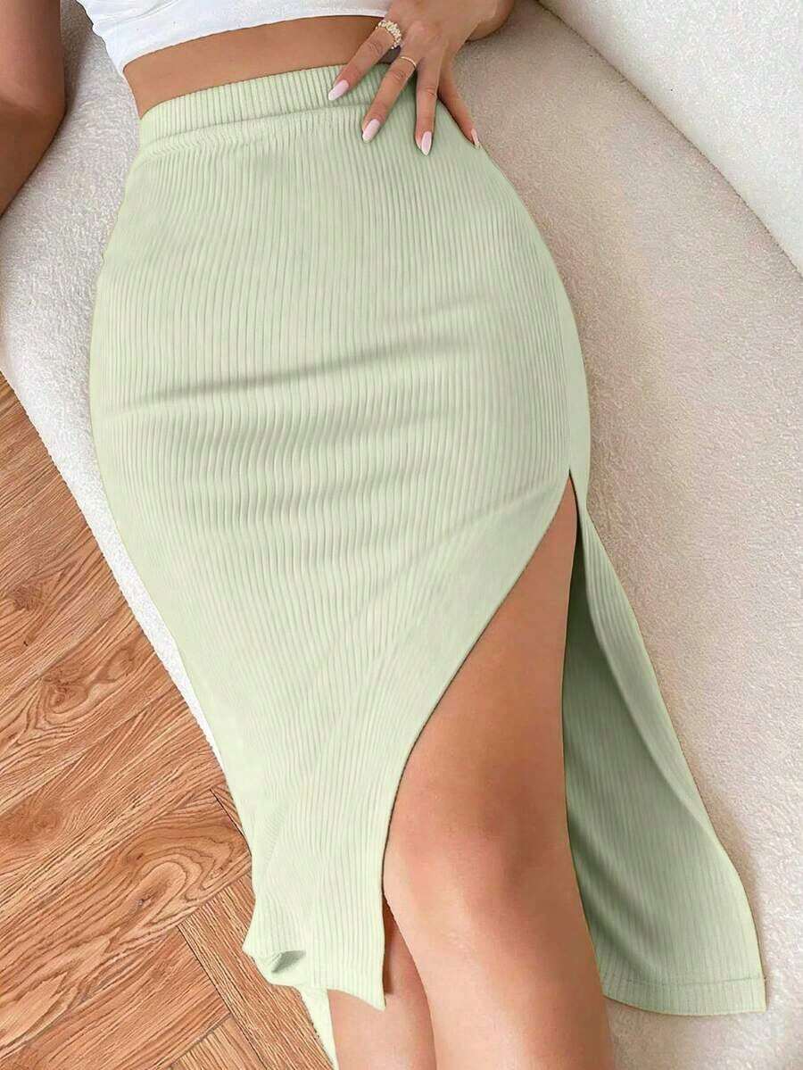Falda de talle alto unicolor tejido de canalé con abertura - verde menta - Ver 1