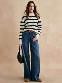 Suéteres de cuello alto a rayas en blanco y negro, suéter blanco, suéteres de mujer, suéter a rayas, atuendos de invierno para mujer, suéter de punto a rayas de manga larga con cuello levantado simple de mujer, casual diario, estilo chic sin esfu - Blanco y Negro - Ver 8