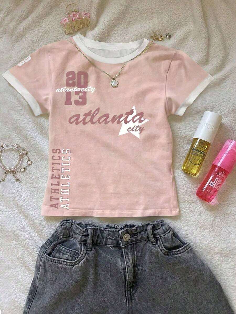 Camiseta corta de mujer con estampado de letras y ribete de contraste - Rosa Pálido 2 - Ver 1