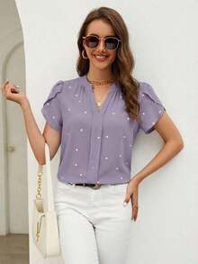 Blusa de mujer con estampado de corazón y mangas de pétalos, cuello en V, para verano y playa, con mangas cortas - Púrpura polvoriento - Ver 6