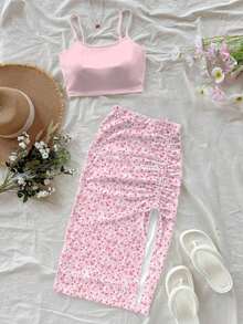 Conjunto de 2 piezas para mujer con vestido casual floral y top negro, adecuado para vacaciones de verano - Multicolor 5 - Ver 1