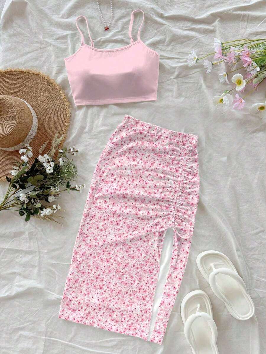 Conjunto de 2 piezas para mujer con vestido casual floral y top negro, adecuado para vacaciones de verano - Multicolor 5 - Ver 1