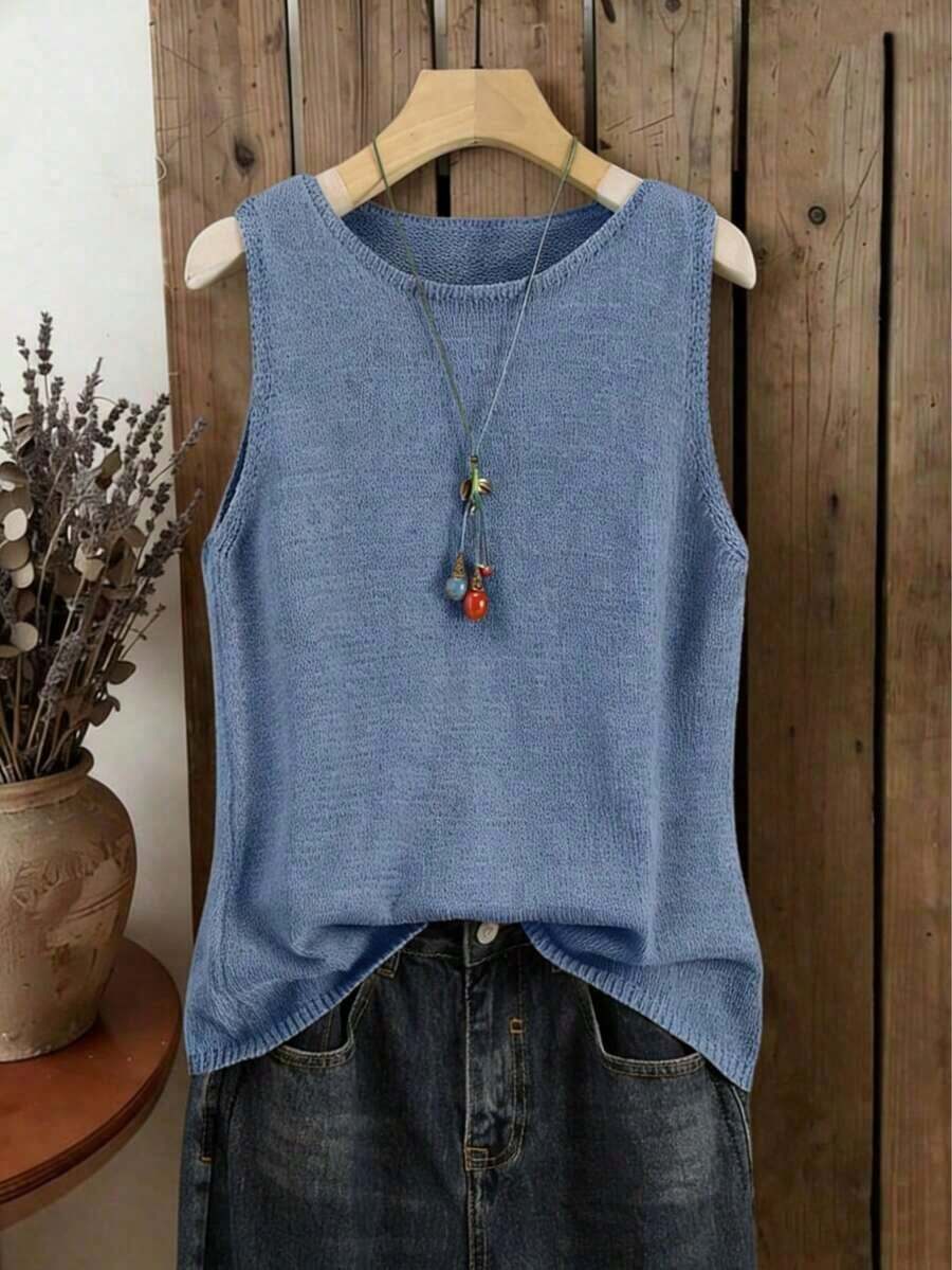 Chaleco de punto de unicolor para mujer, estilo japonés retro para capas, corto y casual para verano y vacaciones, versátil, adecuado para primavera, verano, principios de otoño, ir al trabajo, minimalista retro, festival de música colorido, escuela, top sin mangas - Azul - Ver 1