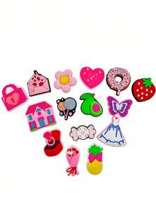 10pcs Random Pink Mix Series, Love, Flowers, Fruits, Strawberries And Other Shoe Ornaments, Suitable For Clogs, Bubble Slippers, Sandals, Etc., PVC Material, Beach Bag Accessories, Birthday, Christmas, Valentine's Day, Halloween Gift Ideas, Party Gifts - Multicolor - View 3