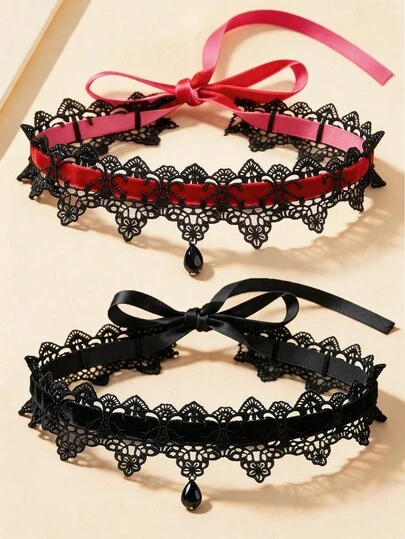 1 pieza Collar gargantilla de estilo gótico con lazo de encaje y estilo punk oscuro para mujer