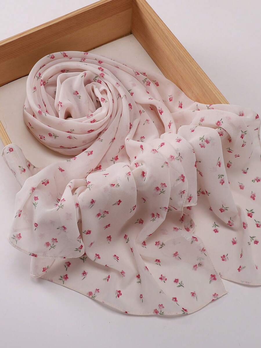 1pc Casual Printed Versatile Modest Hijab Lightweight Soft Breathable Chiffon Hijab Scarf, Spring/Summer - #135 White Background With Small Flowers - View 1