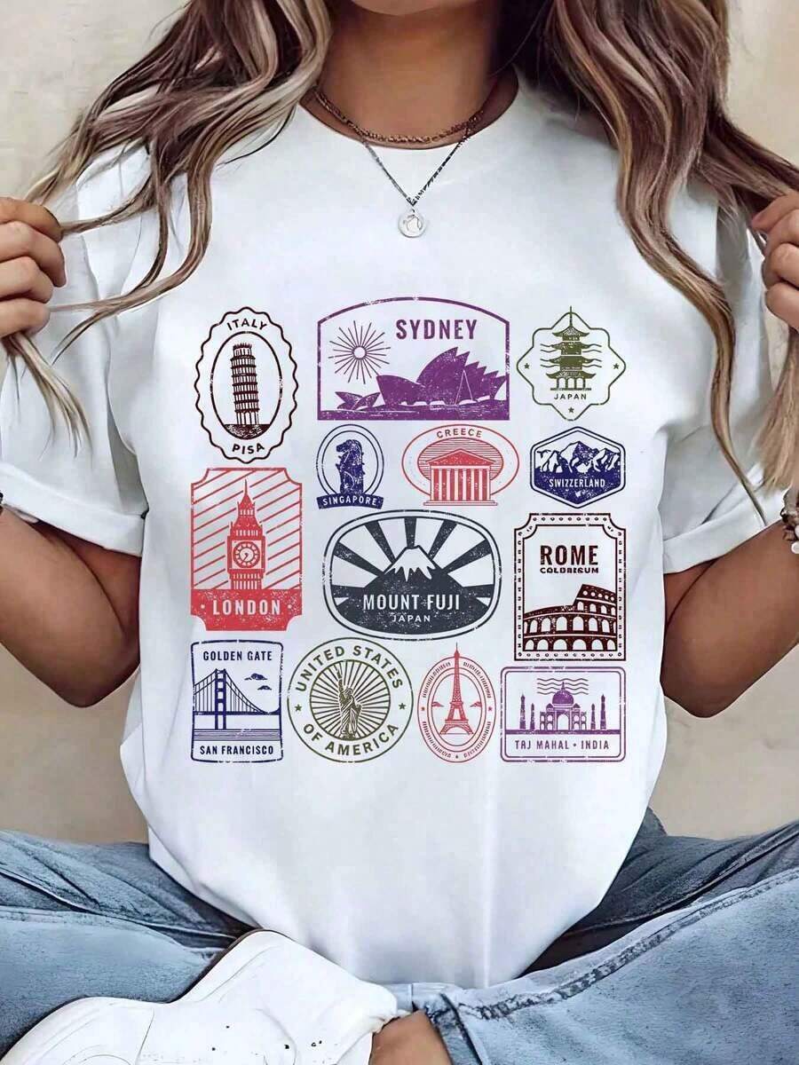 Camiseta de Mujer Under The Radar con Estampado de Monumentos Mundiales, Diseño Gráfico, Cuello Redondo, Corte Holgado Casual, Regalo de Recuerdo de Viaje, Top de Mezcla de Algodón - Estilo Urbano Vintage, Unisex, Camiseta de Manga Corta de Algodón con Cuello Redondo - Blanco - Ver 1