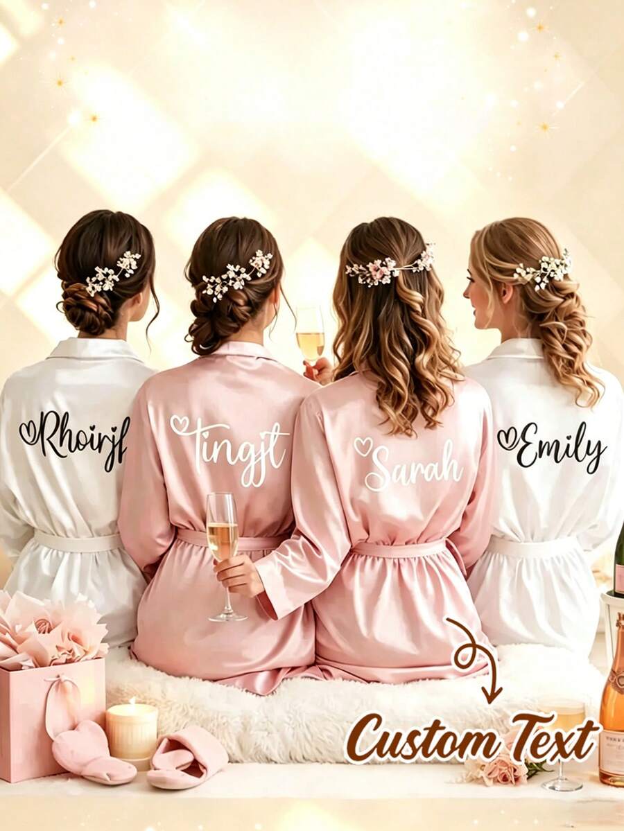 Customized Satin Bride Short Sleeve Robe, Customizable Text, Customized Bride & Bridesmaid Wedding Robe, Personalized Satin Robe