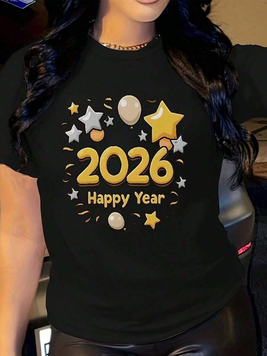 Camiseta Casual de Mujer para Año Nuevo y Navidad 2026 - Camiseta de manga corta con cuello redondo y estampado dorado y número 2026, ajuste para todas las estaciones, camisa versátil para vacaciones y uso diario para mujeres, camisetas navideñas, moda de temporada, patrón geométrico. - Negro - Ver 1