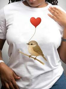 1 pieza, camiseta de mujer con temática de aves, camiseta casual de manga corta, ligeramente elástica, de tela, longitud regular, diseño con estampado de letras, adecuada para usar durante todo el año. - Rojo - Ver 8