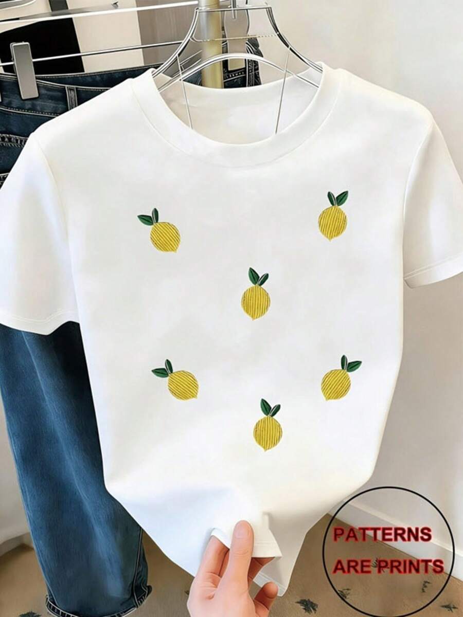 Camiseta blanca de manga corta y cuello redondo para mujer, tejido transpirable con estampado de limón fresco, cómoda camiseta casual de verano disponible en varios tamaños, perfecta para uso diario y actividades al aire libre - Blanco - Ver 1