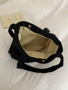 Bolso de hombro de tela de pana de unicolor - Negro - Ver 10