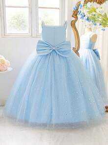 Tween Girls Faux Pearl Spaghetti Strap Sequin Mesh Back Bow Elegant Prom Dress, Headband Not Included - Baby Blue - View 4