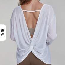 Top deportivo para mujer de manga larga con espalda descubierta y diseño de nudo, ideal para yoga, pilates y fitness - Morado - Ver 5