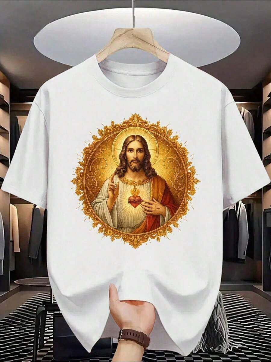 ropa de mujer Camiseta 100% para Hombre - Manga Corta, Cuello Redondo, Estampado Digital, Cómoda para Todas las Temporadas, Lavable a Máquina, Ideal para Salidas Diarias, Diseño Circular, Estilo Casual de Verano, Estilo Cristiano con Sagrado Corazón de Jesús para Entusiastas del Fitness | Católico | Cristiano | Ropa de Iglesia camisas de mujer - Blanco - Ver 1