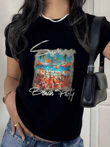 Camiseta con Estampado Gráfico para Fiesta en la Playa de Verano, 180g, 1 Pieza, Estilo Casual para Mujer, 100% Algodón, Estilo Vintage de Surf - Negro - Ver 9