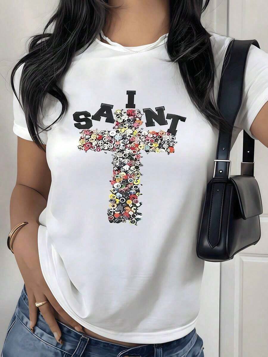 Floral Cross Graphic Print T-Shirt, 180g, 1 Piece, Women's Casual 100% Cotton T-Shirt, Summer Short Sleeve, Urban Fashion Top - 白色 - 查看 1