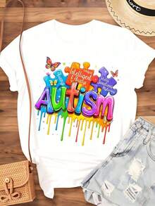 Camiseta de Concientización sobre el Autismo con Piezas de Rompecabezas Coloridas y Mariposas para la Aceptación y el Apoyo al Autismo, Diseño Único, Inteligente, Siempre Totalmente, A veces Misterioso, para el Mes de Concientización sobre el Autismo y la Defensa de las Necesidades Especiales, 220g - Estilo Vintage Urbano, Unisex, de Algodón, Manga Corta, Cuello Redondo, 100% Algodón - Blanco - Ver 4