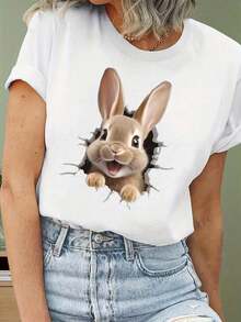 Women's Casual, Simple T-Shirt With Rabbit Print [Easter], Round Neck, Short Sleeve, Simple And Elegant. - White - View 7