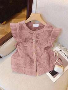 Camisa de mujer con botones y mangas cortas con bordado floral, versátil - Rosa vieja - Ver 8