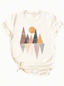 Women's T-shirt Top de manga corta para mujer con estampado de paisaje y cuello redondo ajustado. - Albaricoque - Ver 7