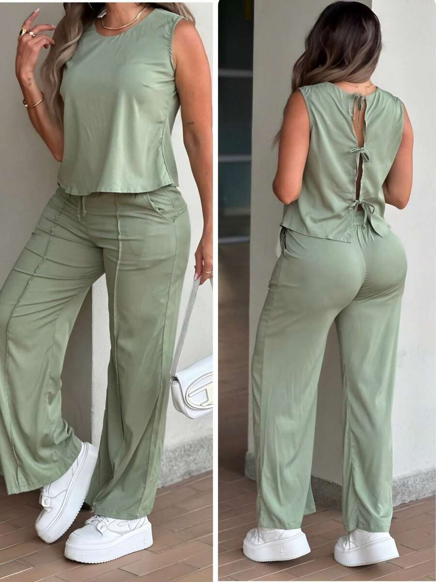 Women's Fashionable Street-Style Casual Sleeveless Vest Top, Solid Color Sleeveless Round Neck Backless Tie Vest Top + Wide Leg Pants Slimming Elegant 2-Piece Set, Suitable For Home, Outdoor, Beach, Resort Wear Summer - Green - View 1