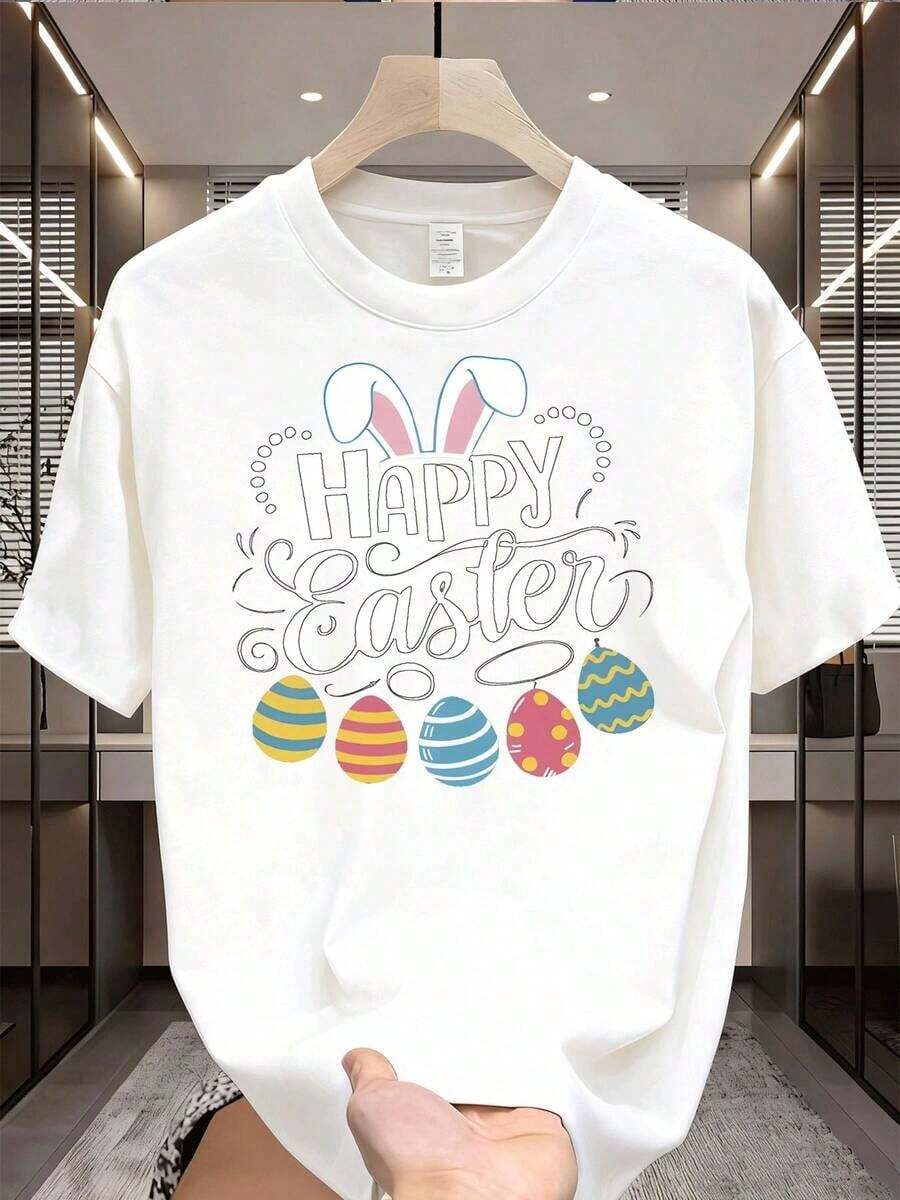 Mama Bear Graphic T-Shirt For Mother's Day, Casual T-Shirt With Bunny Ears And Easter Egg Print, Fashionable Festive Gift For Everyday Wear - Unisex Loose Cotton Short Sleeve Crew Neck T-Shirt, Cool Summer Clothes For Women. - 白色 - 查看 1