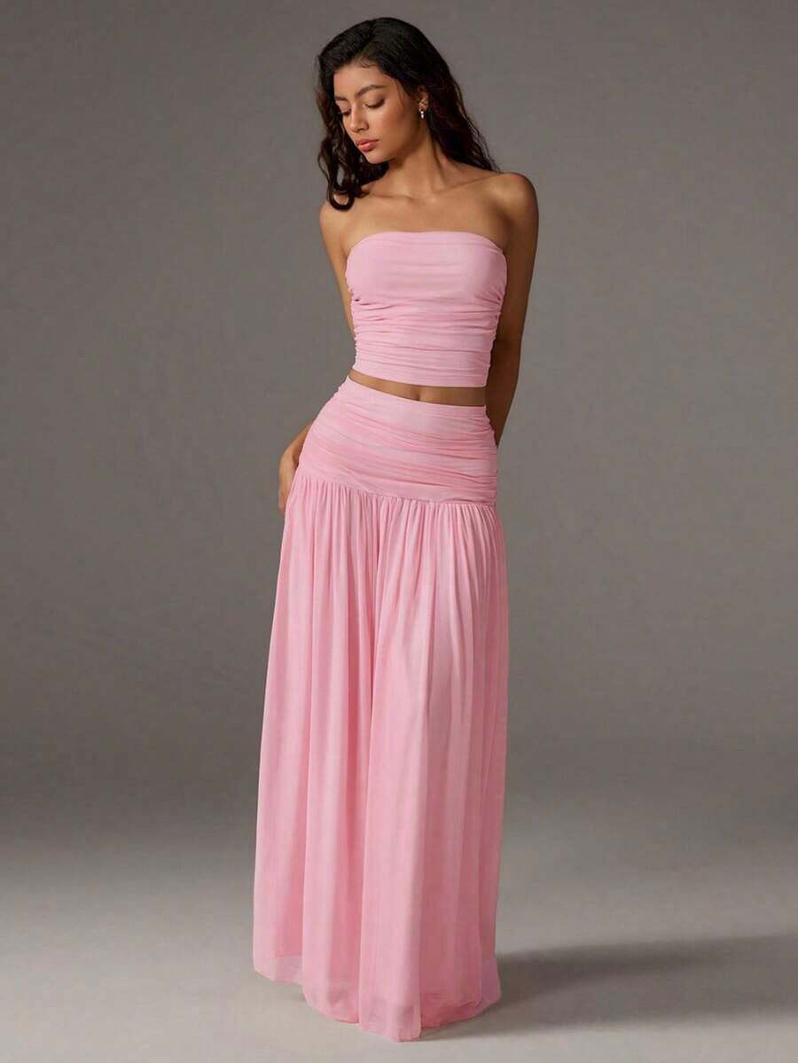 Unity Conjunto de 2 piezas de top corto de bustier de malla de unicolor y falda larga para mujer - Rosa - Ver 1