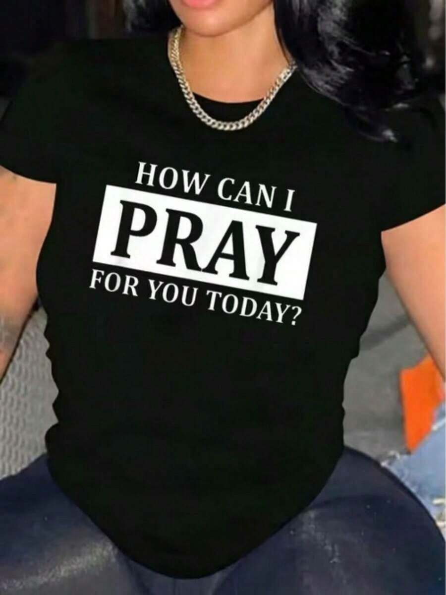 Camiseta de mujer para uso diario informal, con un estampado de temática religiosa que dice "¿Puedo orar por ti hoy? ", adecuada para el uso cotidiano, sencilla y elegante. - Negro - Ver 1