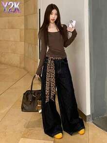 1 pieza Bufanda con estampado de leopardo versátil estilo callejero Y2K cinturón de cuello accesorio de moda para mujeres otoño combinación diaria - Multicolor - Ver 4