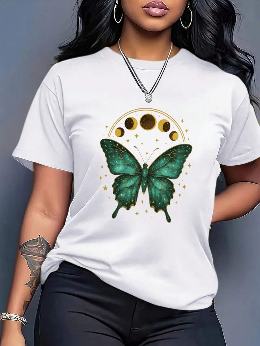 Ropa de mujer de talla grande, camiseta holgada de estilo bohemio para mujer - estampado de mariposa verde y sol combinado con luna creciente y estrellas doradas, top de manga corta con cuello redondo, tela suave y transpirable adecuada para ropa casual de primavera y verano, atuendo de playa y comodidad diaria, camisa con estampado artístico (lavable a máquina). EQWM - Blanco - Ver 1