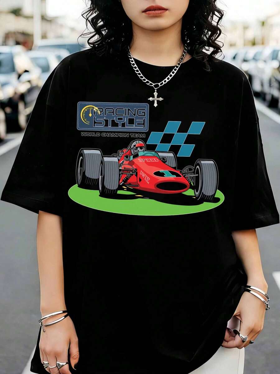 Graphic T-Shirt Printed With The FormulaS 1 World Champion Team In A Vintage Motor Racing Style - Black - View 1