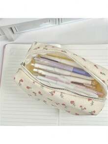 1 pieza Estuche de lápices de lona con estampado floral, bolsa de lápices de gran capacidad para estudiantes, organizador de almacenamiento multiusos para útiles escolares y cosméticos, estilo con cremallera, color aleatorio - Multicolor - Ver 2