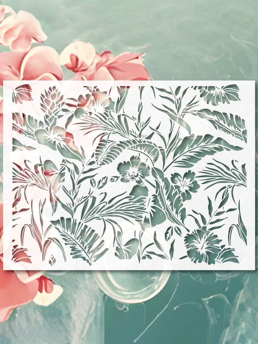 Mẫu lá nhiệt đới 12x16 inch, mẫu lá cọ và lá dương xỉ để vẽ tranh tường, mẫu vẽ lá cây nhiệt đới tự nhiên, hoa dâm bụt. - Mảnh duy nhất - Xem 1