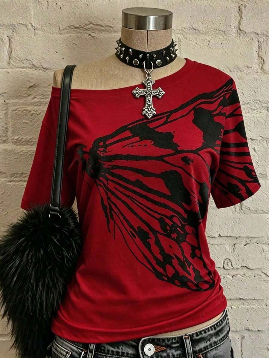 Camiseta asimétrica de mujer con estampado de mariposa retro Y2K, estilo casual suelto de manga corta sexy de moda punk rock - Multicolor 4 - Ver 1