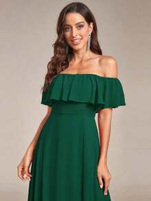 Vestido de dama de honor amarillo con volantes en los hombros, abertura alta y silueta A, adecuado para bodas de primavera/verano, fiestas, playa y vacaciones - Verde Oscuro - Ver 6