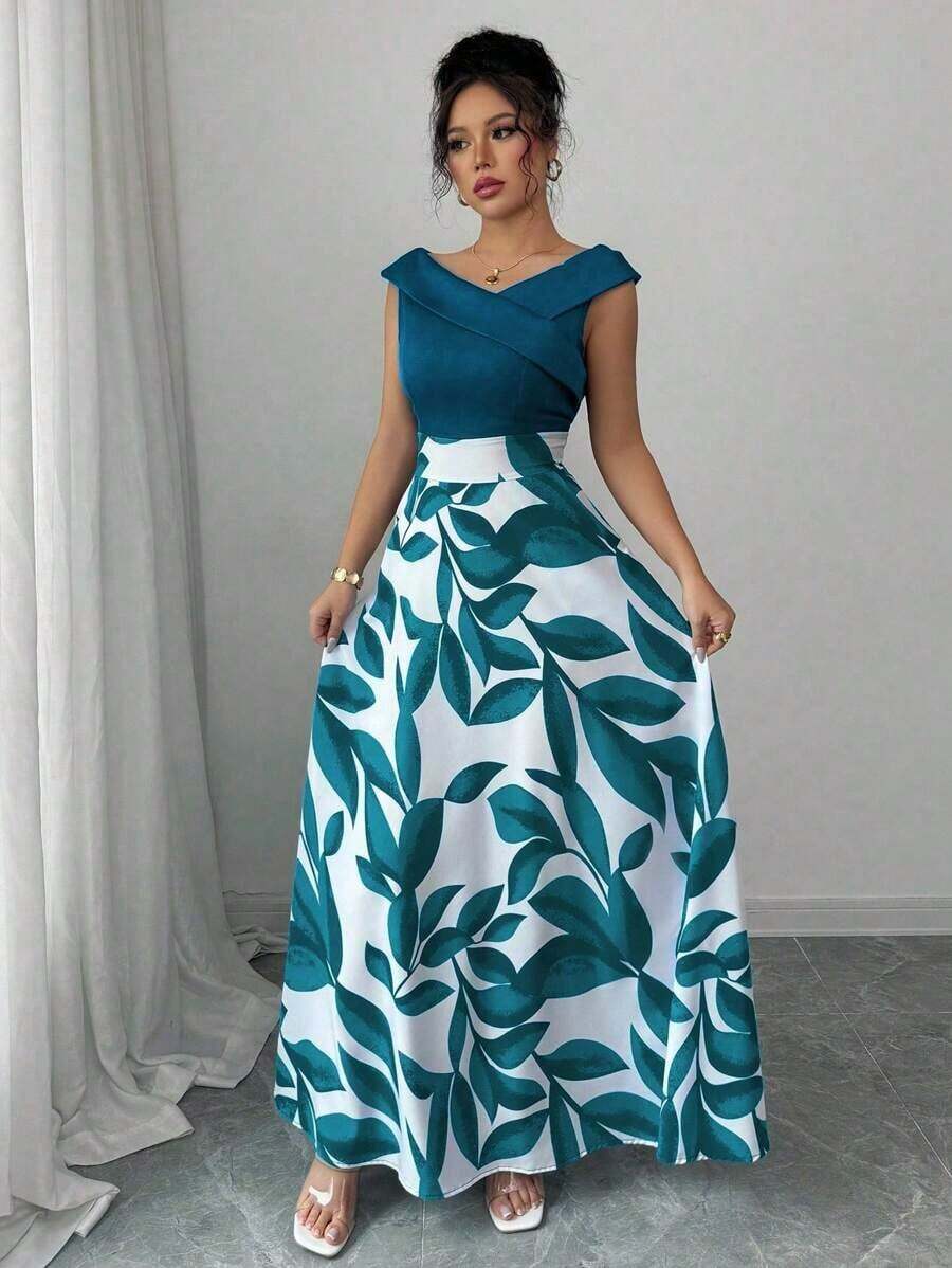 Vestido midi casual de estilo vacacional con escote en V, cintura y vuelo, en estampado azul de patchwork para mujer - Azul lavado oscuro - Ver 1
