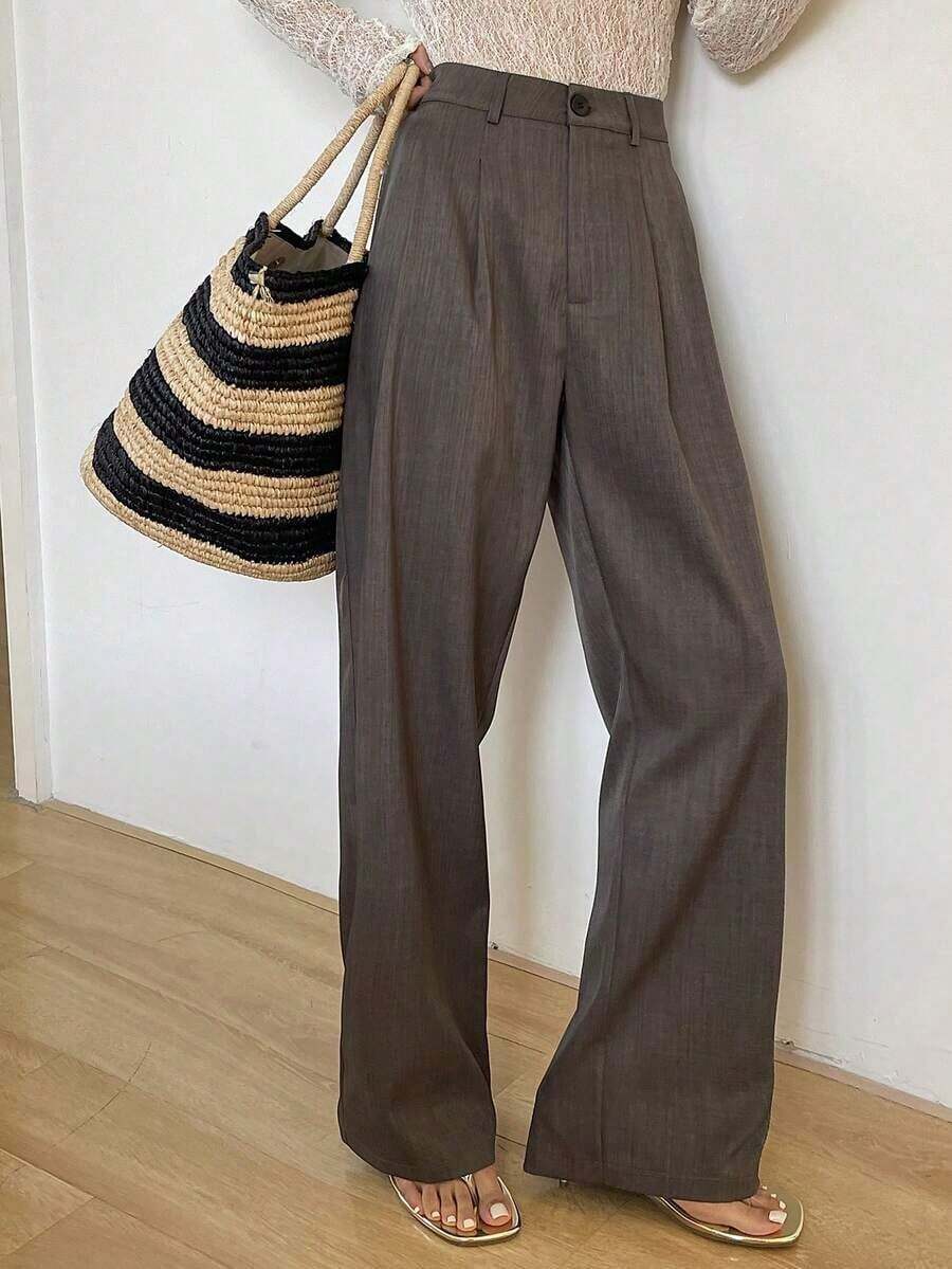 Pantalones rectos plisados de unicolor para mujer, pantalones de vestir casuales de otoño - Gris 4 - Ver 1
